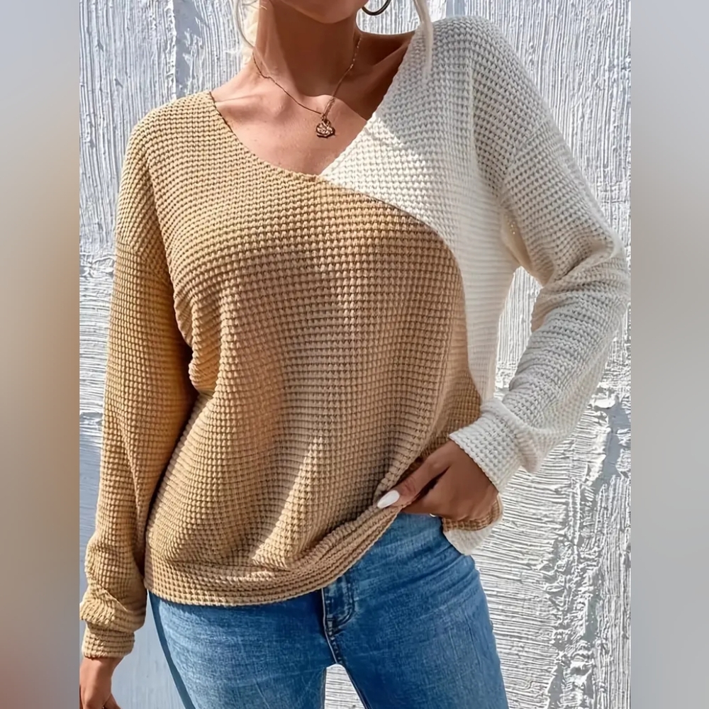 Color Block Twist Back Top, Versatile V-neck Sweater